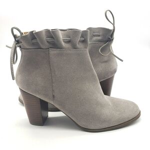 Crown & Ivy Morcella Women US 9.5 gray suede ankle bootie drawstring top ruffle